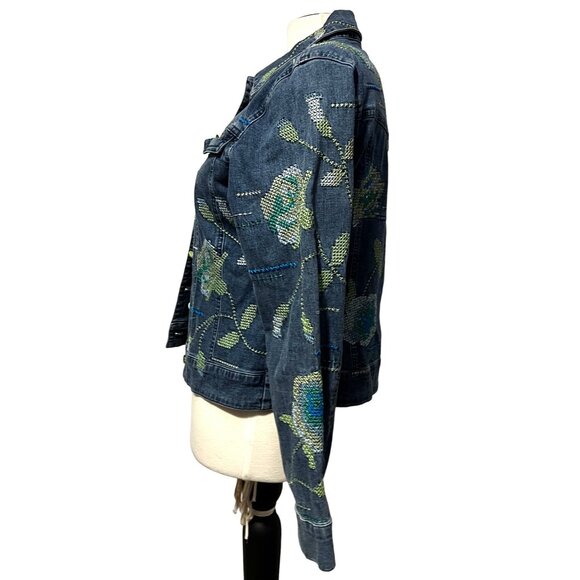Ann Trinity Embroidered Denim Jacket Sz Small Womens Floral Blue & Green Sequin - Picture 5 of 9